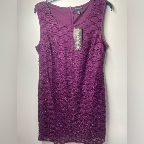 Nina Leonard Purple Sheath Mini Dress Scoop Neck Cocktail - Picture 1 of 10